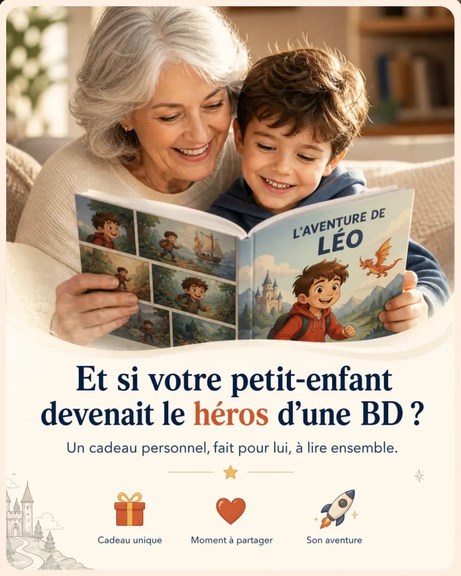 Grand-mère lisant une bande dessinée personnalisée avec son petit-enfant.