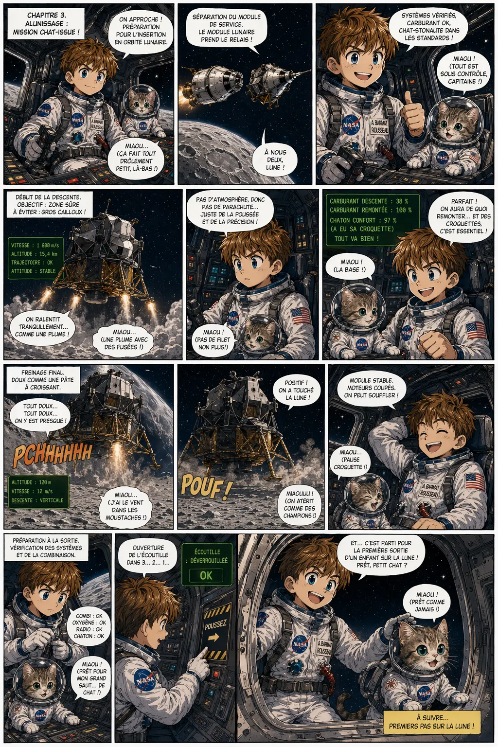Planche de BD personnalisée — chapitre 3, alunissage avec le chat